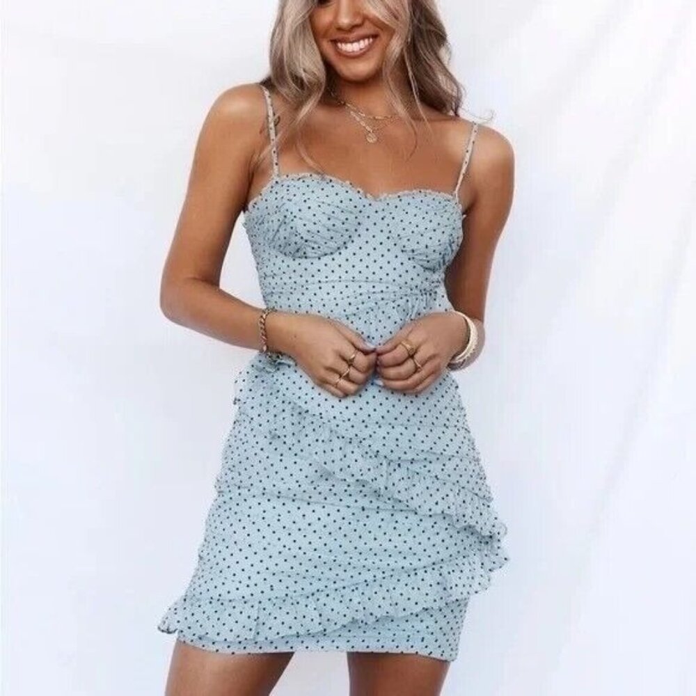 Hello Molly Mini Dress Polka Dot Blue Ruffle Bustier NWT XL US 10 Coquette
